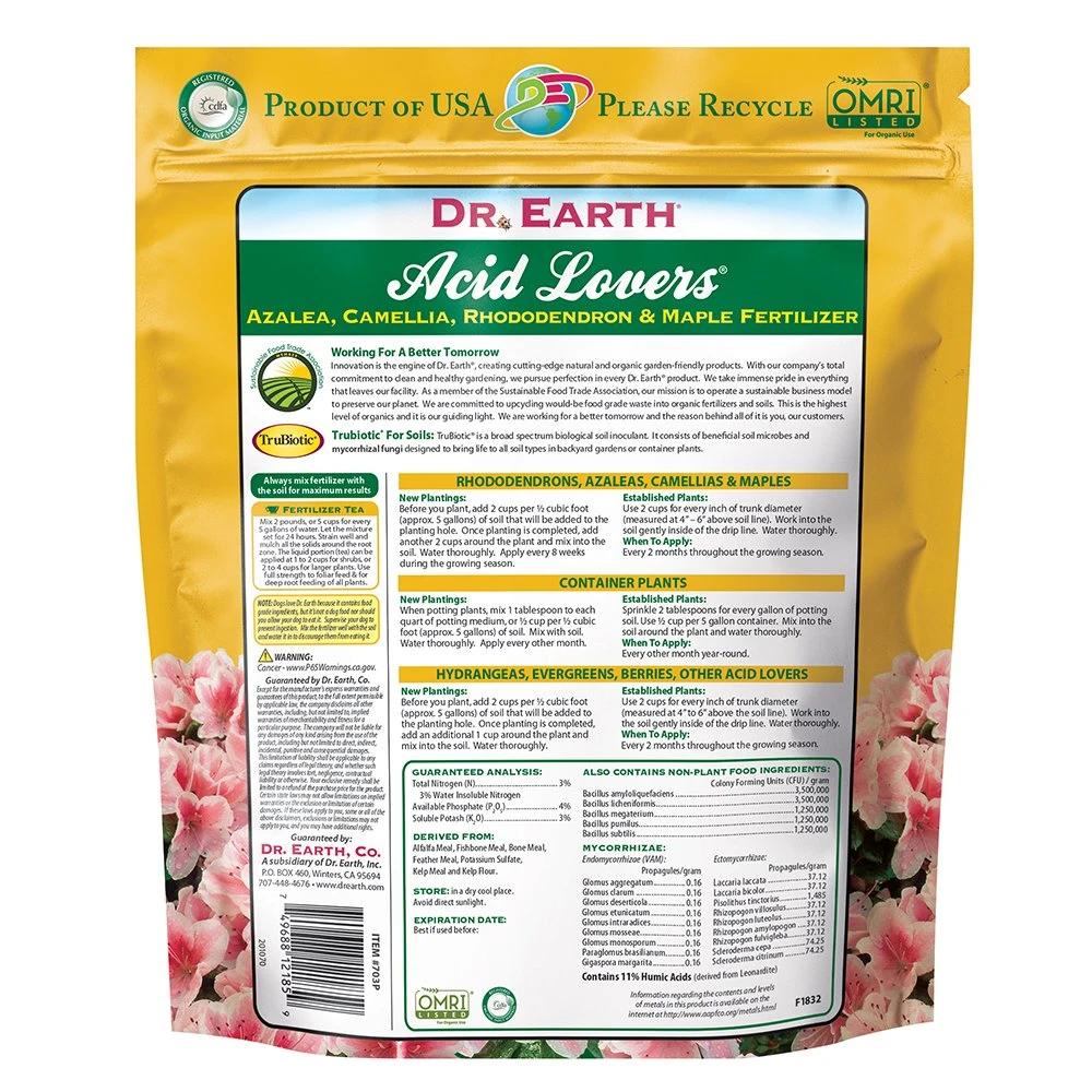 Dr. Earth Acid Lovers Premium Azalea, Camellia, Rhododendon And Maple Fertilizer 3-4-3 4lb 2 Dr. Earth Acid Lovers Premium Azalea, Camellia, Rhododendon And Maple Fertilizer 3-4-3 4lb - Image 2